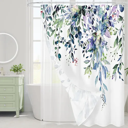 Vista 66 de Gibelle - Cortina de ducha para ducha pequeña 36 x 72, cortina de ducha estrecha con flores blancas y negras, juego de cortina de ducha de tela