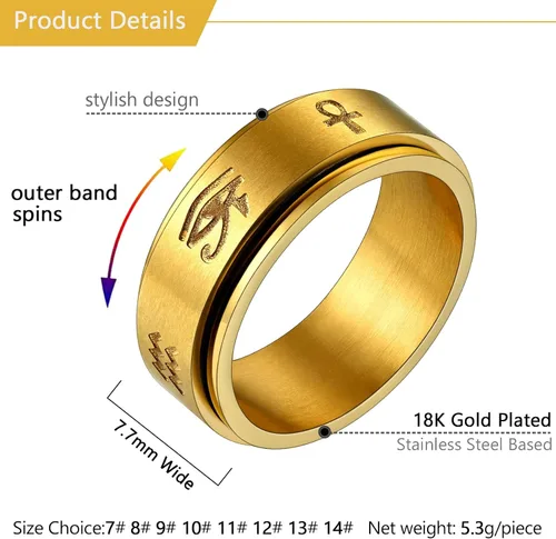 Vista 6 de U7 Rhinestone Eye of Horus Ring, Ankh Cross Rng, Stainless SteelBlack18K Gold Plated Egypt Rings, Protection Rings for Men Women Size 7-14