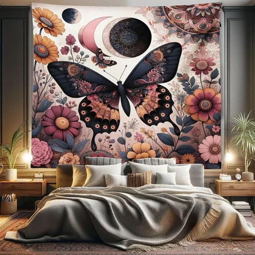 Vista 166 de Ambesonne Tapiz bohemio, diseño floral de bruja, luna y mariposa con adornos de mandala, decoración de tela para colgar en la pared para dormitorio