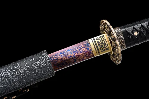 Vista 5 de Handmade Japanese Katana Damascus Folded Steel Sharp Blade Dragon Sword Espada de dragón de hoja azul y roja