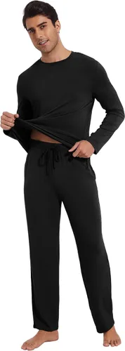 Vista 2 de WiWi Conjunto de pijama de viscosa de bambú para hombre, ropa de dormir de manga larga, ropa de dormir de punto, 2 piezas, conjuntos de ropa