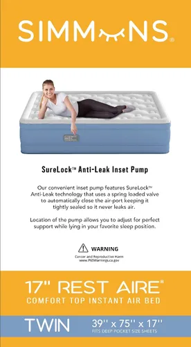 Vista 6 de Simmons Rest Aire Colchón cama de aire con bomba lateral incorporada y cubierta de terciopelo suave: individual