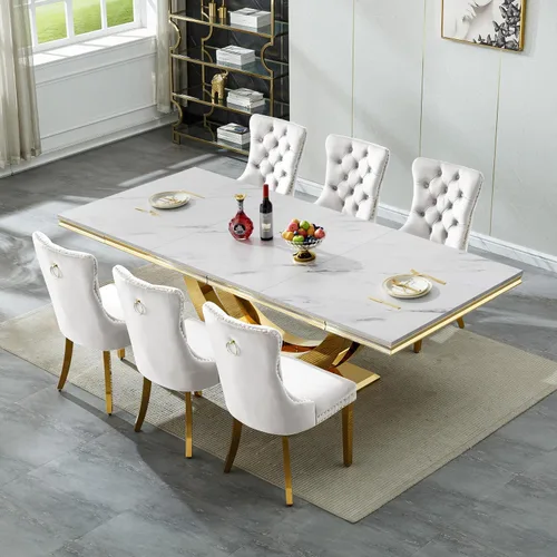 Vista 23 de SSLine Juego de mesa de comedor de mármol sintético blanco de 68 pulgadas