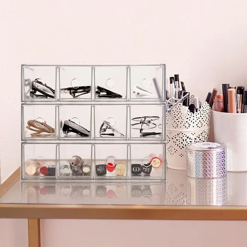 Vista 6 de Paquete de 3 cajones de almacenamiento de acrílico apilables, organizador de escritorio, cajas de almacenamiento de cosméticos transparentes, diseño