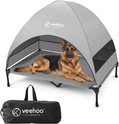 Vista 9 de Veehoo Cama para perros al aire libre con toldo, cama elevada de enfriamiento para perros con sombra extraíble, pies antideslizantes, cama elevada