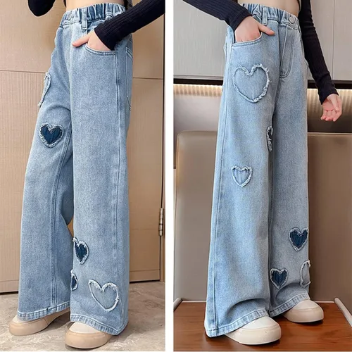 Vista 4 de Pantalones de mezclilla holgados para niñas y niñas, pantalones de mezclilla casuales de pierna ancha y cintura alta, talla 5-14 años