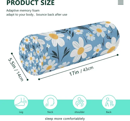 Vista 3 de Cervical Neck Roll, Daisy White Blue Round Pillow Washable Memory Foam Pillow, Bolster Pillow for Improved Sleeping, Travel, Home
