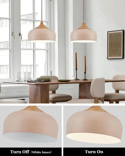 Vista 3 de ELYONA Lámpara colgante japonesa moderna de 12 pulgadas para isla de cocina, lámpara colgante de granja con pantalla de metal de grano de madera