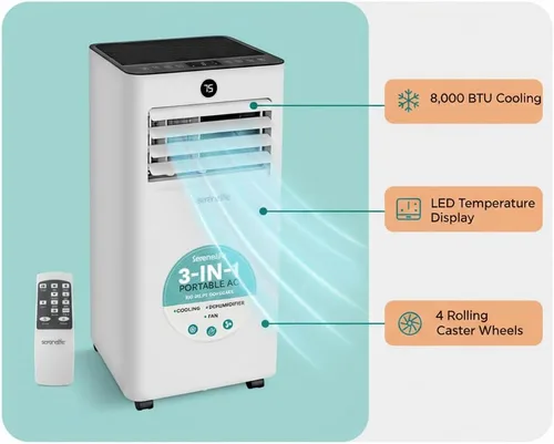 Vista 3 de SereneLife Aire acondicionado portátil de 8000 BTU, pequeña unidad de CA con deshumidificador y ventilador, mini unidad de CA con cobertura de 350