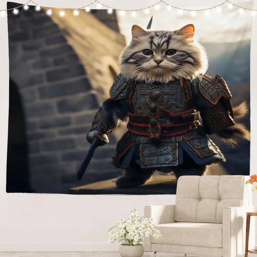 Vista 26 de Batmerry Cat In Armor Polyester Tapestry, Cat Armor Sword Warrior Battle Shield Lightweight Wall Hanging High-Definition Print Backdrop For Dorm