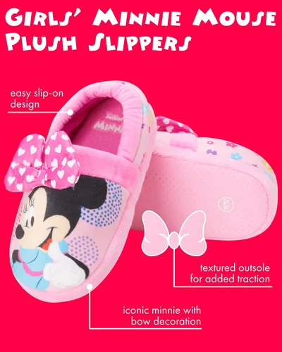 Vista 2 de Disney Girls' Minnie Mouse Slippers - Plush Fuzzy Slippers, Non-Skid Sole (ToddlerLittle GirlBig Girl)