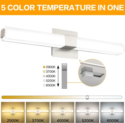 Vista 3 de Lámparas de baño de níquel cepillado: 24 pulgadas, regulable, moderna, minimalista, LED, a prueba de humedad, 5CCT