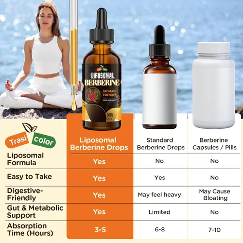 Vista 6 de Suplemento de berberina liposomal, 3000 mg Gotas de complejo de berberina, 2.0 fl oz Berberina HCl con canela de Ceilán, melón amargo, cúrcuma