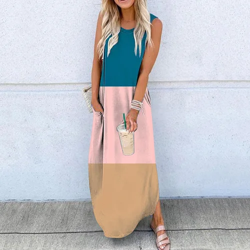Vista 2 de NATHGAM Vestidos de verano para mujer, vestido largo sin mangas, cómodo, de algodón, estampado de moda, vestido de playa para mujer