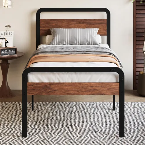 Vista 10 de Marco de cama de metal de 18 pulgadas con cabecero y estribo Cama extra resistente con espacio de almacenamiento, listones de acero, sin ruido,