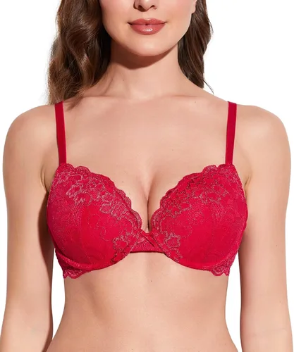 Vista 27 de Deyllo - Brasier de encaje para mujer con efecto de realce de busto, cómodo, con relleno, aros, levanta y añade una copa a tu busto Ámbar dorado
