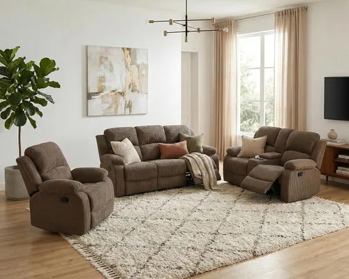 Vista 22 de Juego de sofá reclinable manual para sala de estar, juego de muebles de 3 piezas, sofá reclinable de tela Courduroy y dos sillas con mesa Azul