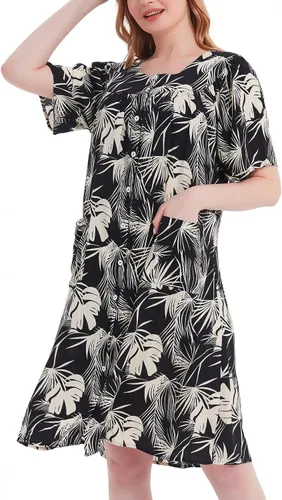Vista 3 de Vestido de casa para mujer, camisones de algodón con botones y bolsillos, S-XXL