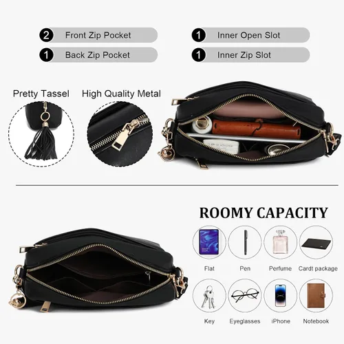 Vista 4 de Bolsos cruzados pequeños para mujer, correa de guitarra de moda, borla de cuero, monedero para cámara