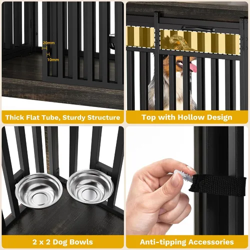 Vista 5 de DWVO Mueble de jaula doble para perros de 71" para 2 perros medianos, perrera doble de madera resistente soporte de TV con puertas correderas, mesa