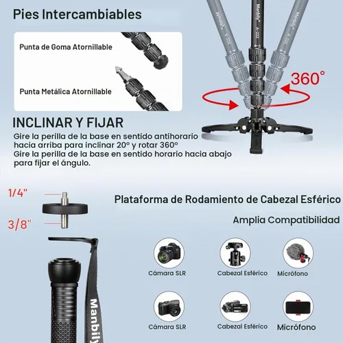 Vista 4 de Manbily Monopies para cámaras con pies, 5 secciones, 67 pulgadas, carga máxima de 15.43 libras, monopie de cámara extensible portátil de aluminio