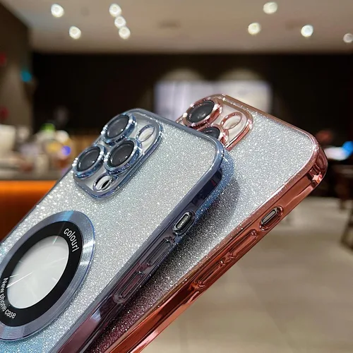 Vista 6 de Funda magnética con purpurina para iPhone 13 Pro Max, compatible con MagSafe con protector de cámara, logotipo suave, de lujo, linda, para mujeres