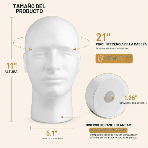 Vista 2 de Soporte de cabeza de maniquí para peluca masculina, modelo espuma de poliestireno, color blanco