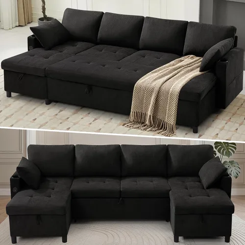 Vista 6 de Sofá cama extraíble de tela de 110 pulgadas con respaldos ajustables, sofá cama modular con puertos USB y 2 soportes para tazas, sofá tapizado