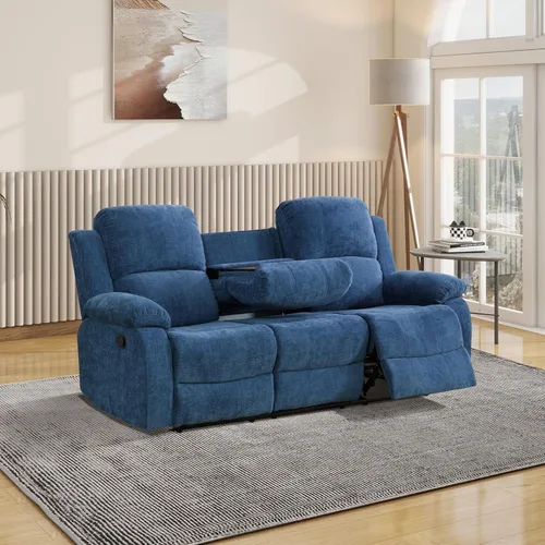 Vista 16 de Juego de sofá reclinable manual para sala de estar, juego de muebles de 3 piezas, sofá reclinable de tela Courduroy y dos sillas con mesa Azul