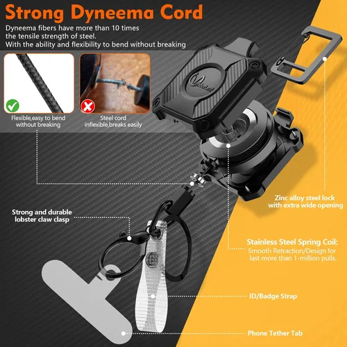 Vista 2 de Llavero retráctil resistente con bloqueo de intervalos, clip para tarjetas de identificación, carrete de insignia con cordón Dyneema Negro-1 paquete