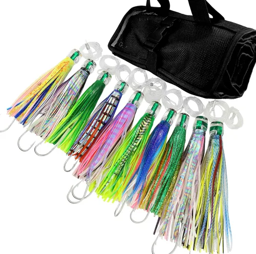 Vista 10 de OCEAN CAT Juego de señuelos de pesca de agua salada, anzuelo de pesca en alta mar y faldas de pulpo/calamar de 6 pulgadas/9 pulgadas para atrapar