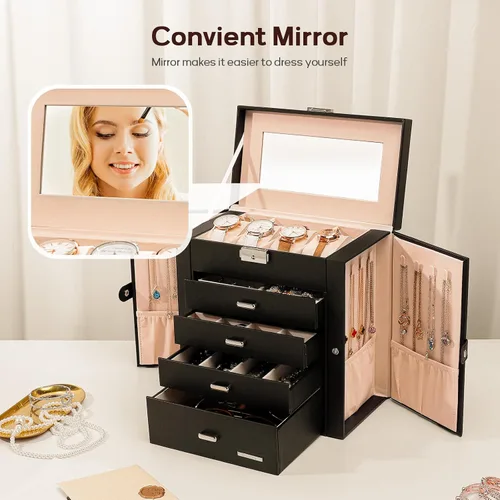 Vista 7 de Homde Caja de joyería enorme de cuero sintético Organizador de reloj con espejo Collar Anillo Pendiente Almacenamiento Caja de regalo con cerradura