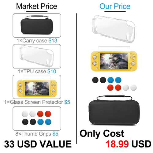Vista 2 de Funda de transporte Plus TPU y protector de pantalla compatible con Nintendo Switch Lite, kit de accesorios 4 en 1, funda portátil de viaje viene