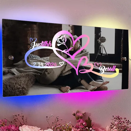 Vista 17 de Espejo de barra de nombre LED personalizado, letreros de neón iluminados para decoración de pared para bar en casa, día de San Valentín y regalos