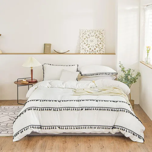 Vista 16 de Juego de funda de edredón de 3 piezas con pompones, color blanco, juego de ropa de cama color negro con flecos de pompones, bohemio, bohemio Pompón