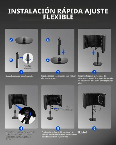 Vista 5 de Moukey - Protector de aislamiento de micrófono con filtro pop y soporte de mesa, protector de micrófono plegable con triple aislamiento de sonido