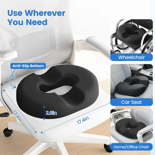 Vista 6 de Almohada de dona para dolor de coxis, hemorroides, cojín de espuma viscoelástica de gel refrescante para silla, para oficina, hogar y silla