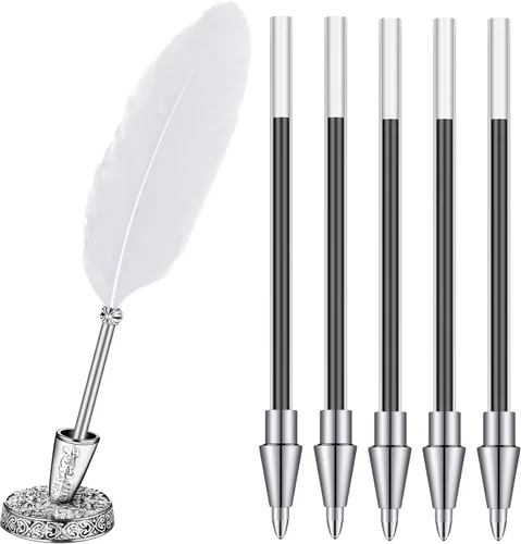 Vista 10 de Bolígrafo de plumas y soporte de bolígrafo de metal vintage, tinta negra, pluma de plumas vintage con 5 piezas de repuesto para boda, firma