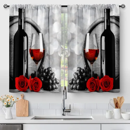 Vista 6 de Aimego - Cortinas de cocina con plantas rústicas y flores de primavera, botánicas, con hojas verdes, cortas, para cafetería, baño, con bolsillo