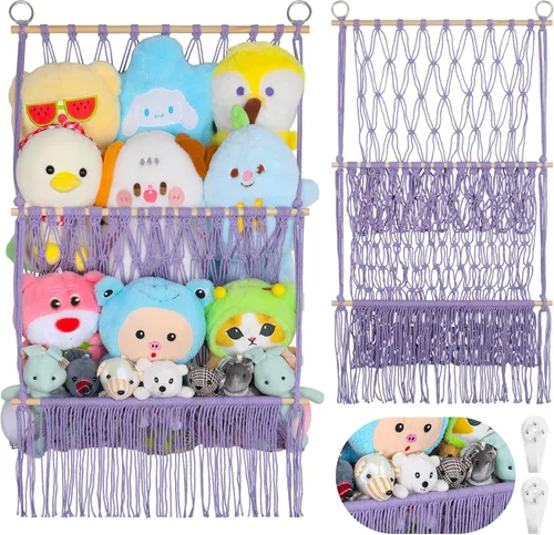 Vista 26 de Red de almacenamiento de animales de peluche de 2 niveles, 17 x 32 pulgadas, organizador grande de animales de peluche para pequeños rellenos