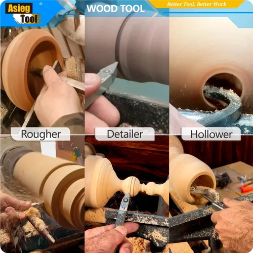 Vista 6 de AT03 Herramientas de torneado de madera con punta de carburo, juego de torno más áspero detallador de cuello de cisne con mango de madera maciza e