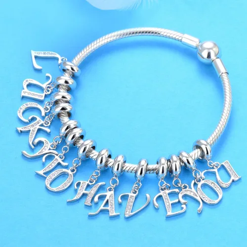Vista 6 de Abalorio de plata de ley 925 con letras de la A a la Z, dije de letras K, dije de aniversario de Navidad para pulsera de abalorios
