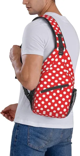 Vista 9 de Mochila cruzada de lunares rojos y blancos para viajes, senderismo, mochila para mujeres y hombres, unisex, bolsas de hombro para el pecho