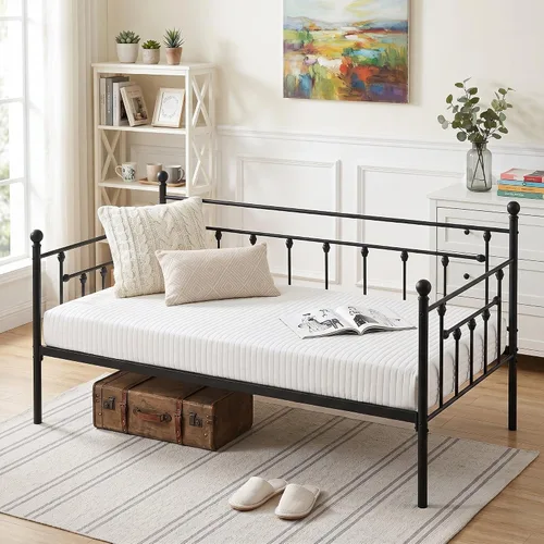 Vista 13 de VECELO - Marco de sofá cama de tamaño individual con soporte de listones de acero, cabecero, plataforma de cama para sala de estar, habitación