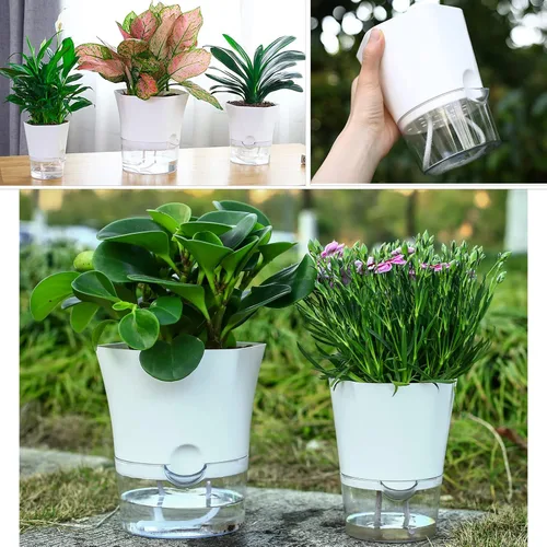 Vista 7 de Paquete de 3 macetas transparentes de riego automático de 7.8 pulgadas para plantas de interior, macetas hexagonales grandes con riego automático