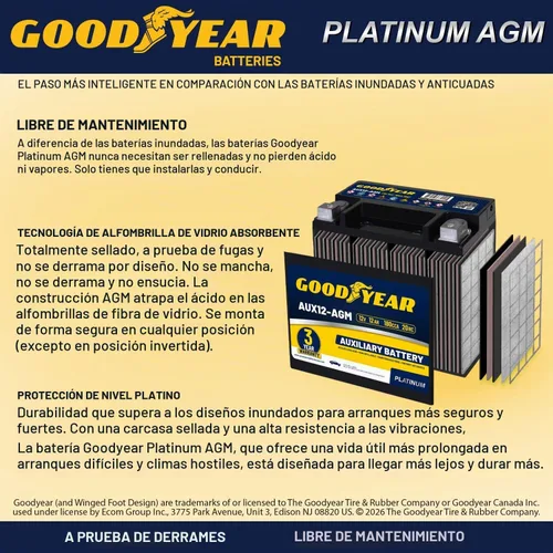 Vista 3 de Goodyear AUX12-AGM 12V 12 AH, 20RC, 200 CCA Platinum serie recargable AGM batería auxiliar sin mantenimiento