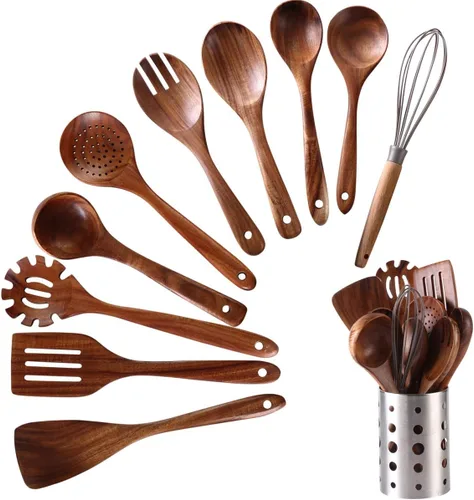 Vista 10 de Juego de utensilios de cocina de madera, 7 cucharas y espátulas de madera de teca natural para sartén antiadherente