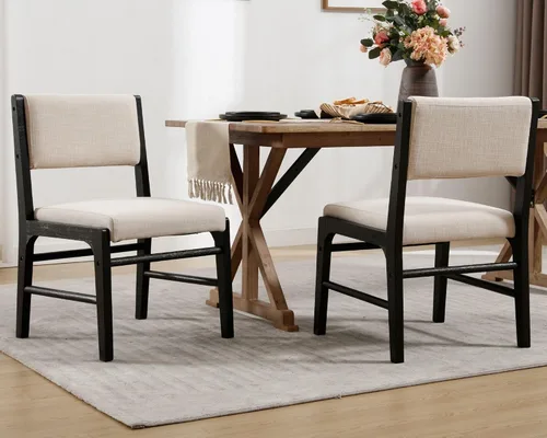 Vista 3 de HNY Juego de 2 sillas de comedor de lino beige con marco de madera negra, silla de cocina tapizada de tela moderna con respaldo rectangular, sillas