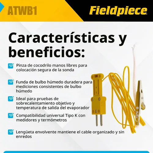 Vista 2 de Fieldpiece Termopar de bulbo húmedo ATWB1 tipo K con clip de cocodrilo
