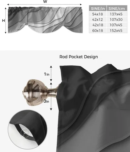 Vista 6 de Cortinas de cenefa con amarre degradado negro gris para ventanas, cortinas modernas geométricas grises para cocina, tratamientos para ventanas Negro